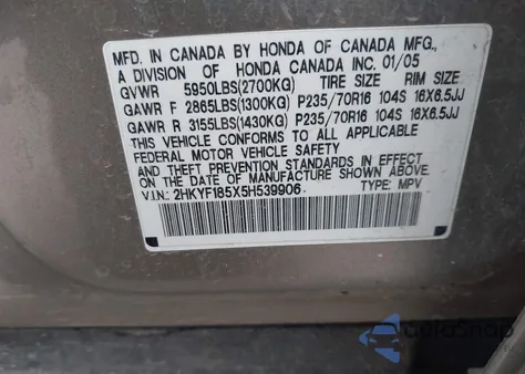 2005 Honda Pilot Ex-L из США, поврежденный, VIN 2HKYF185X5H539906